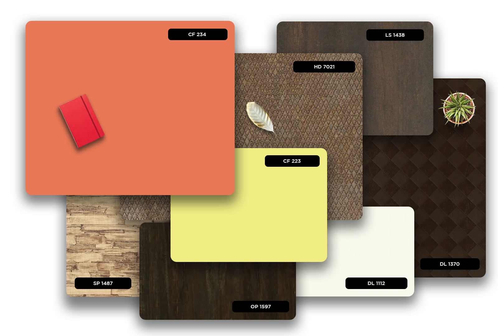 Multi-colour wood laminate with wood grain texture and matte finish, showcasing various patterns and designs in a collage.