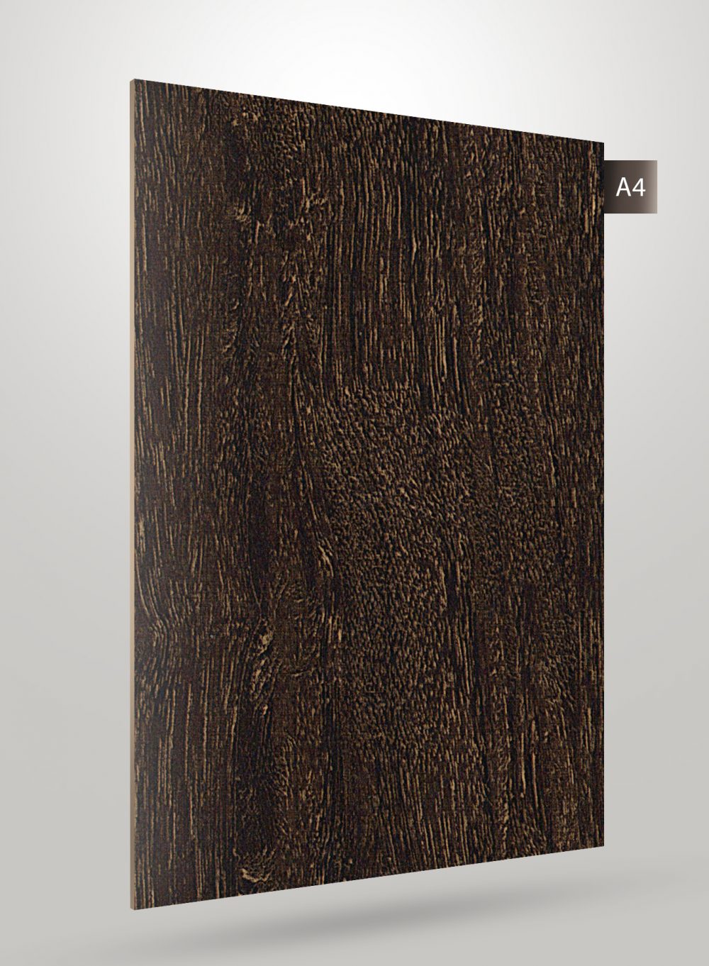 Dark brown wood grain laminate with matte finish and visible texture, labelled A4.