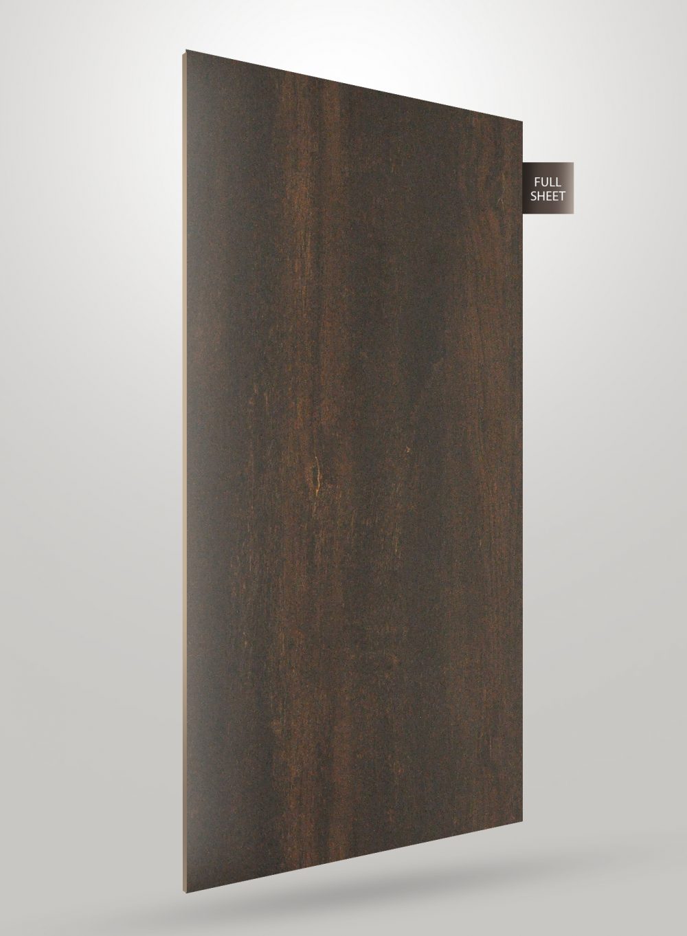 Dark brown wood grain laminate sheet with matte finish and visible texture, labeled full sheet.