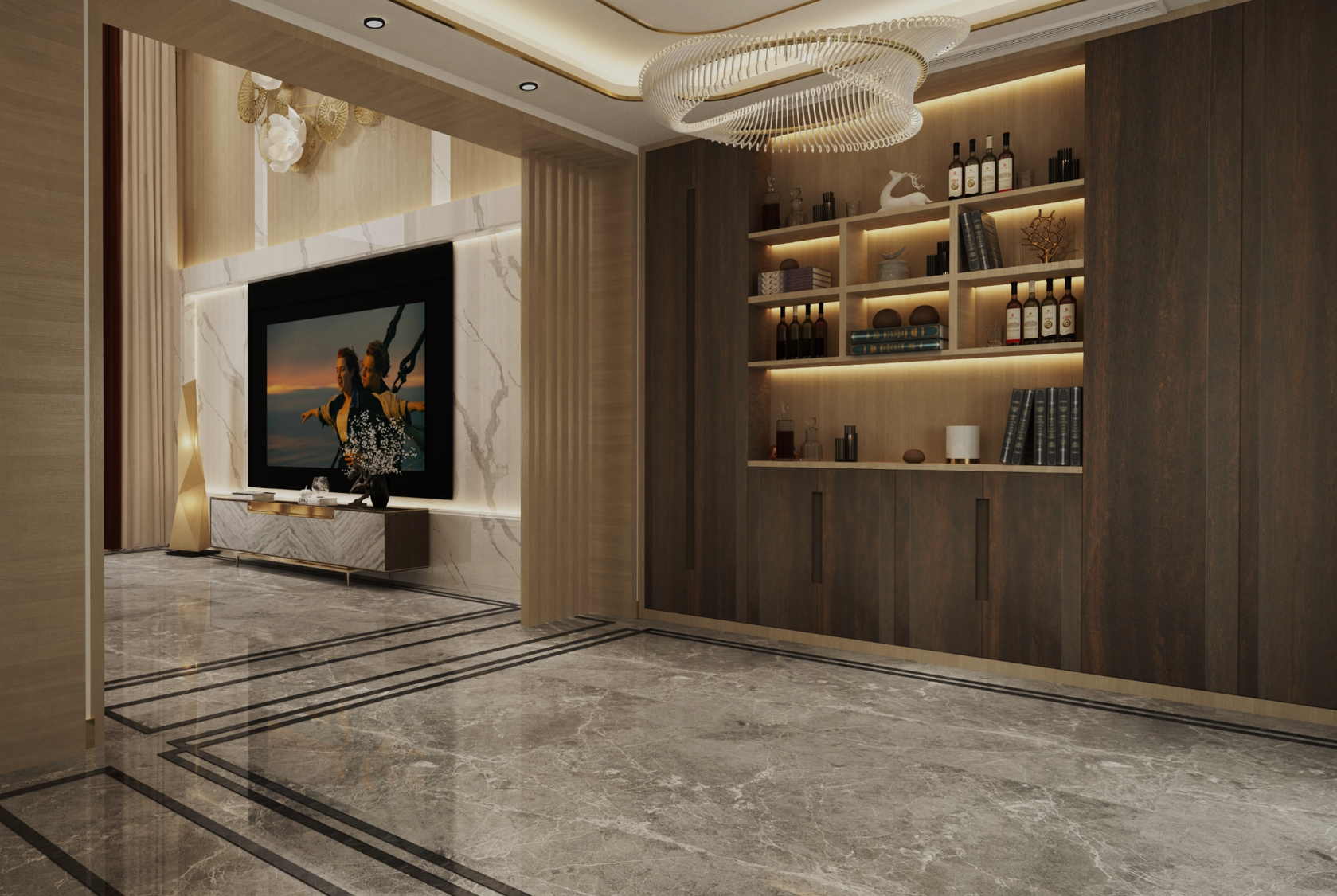 Wood laminate wall and shelving unit with matte finish in a modern room with marble flooring and decorative lighting.