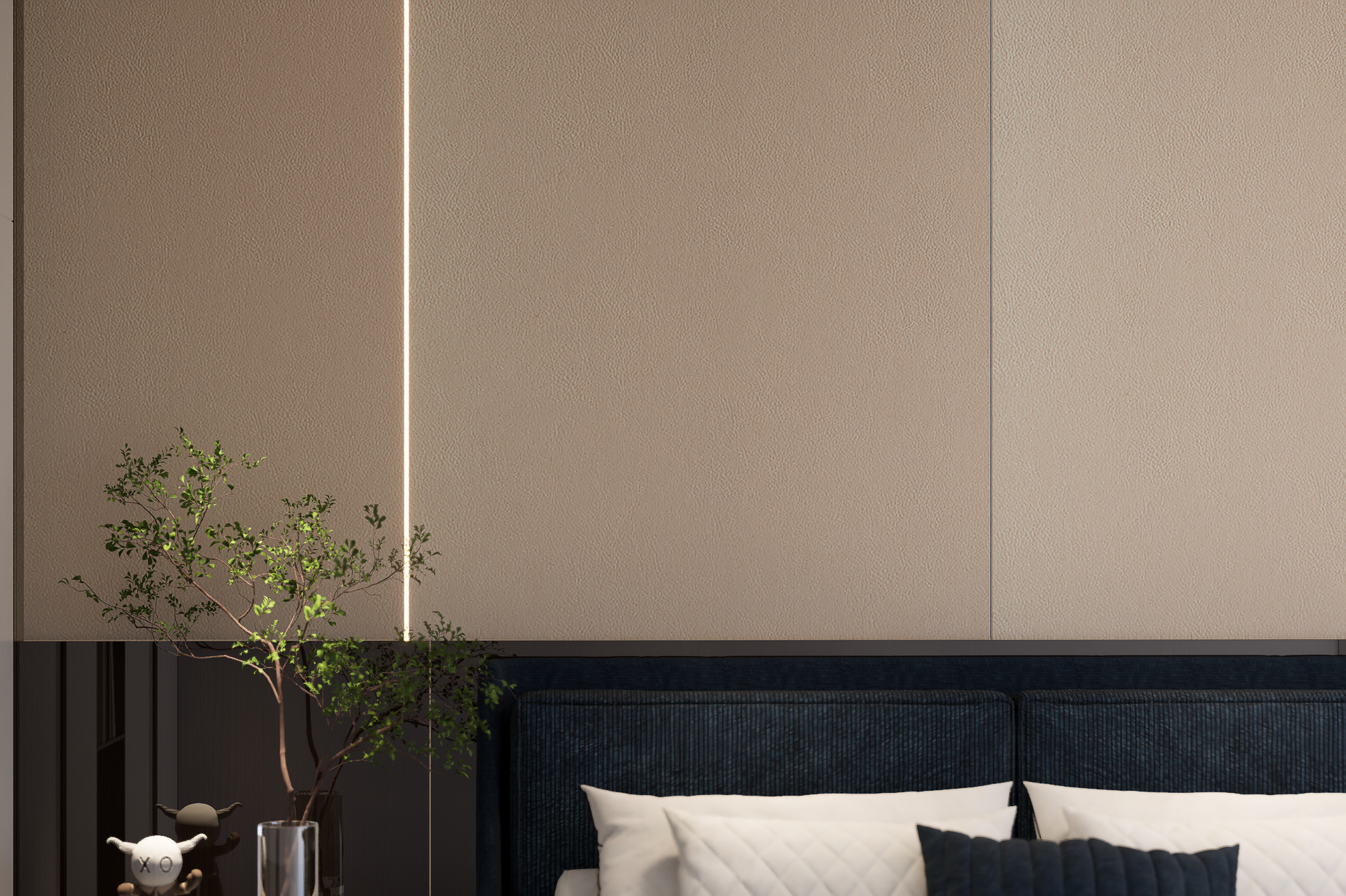 Matte ivory laminate wall panels with textured finish and seamless joint, used in modern bedroom interior design.