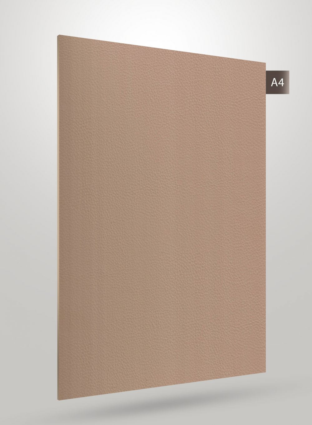 Beige leather laminate with matte finish and textured surface, displaying a subtle leather grain pattern.
