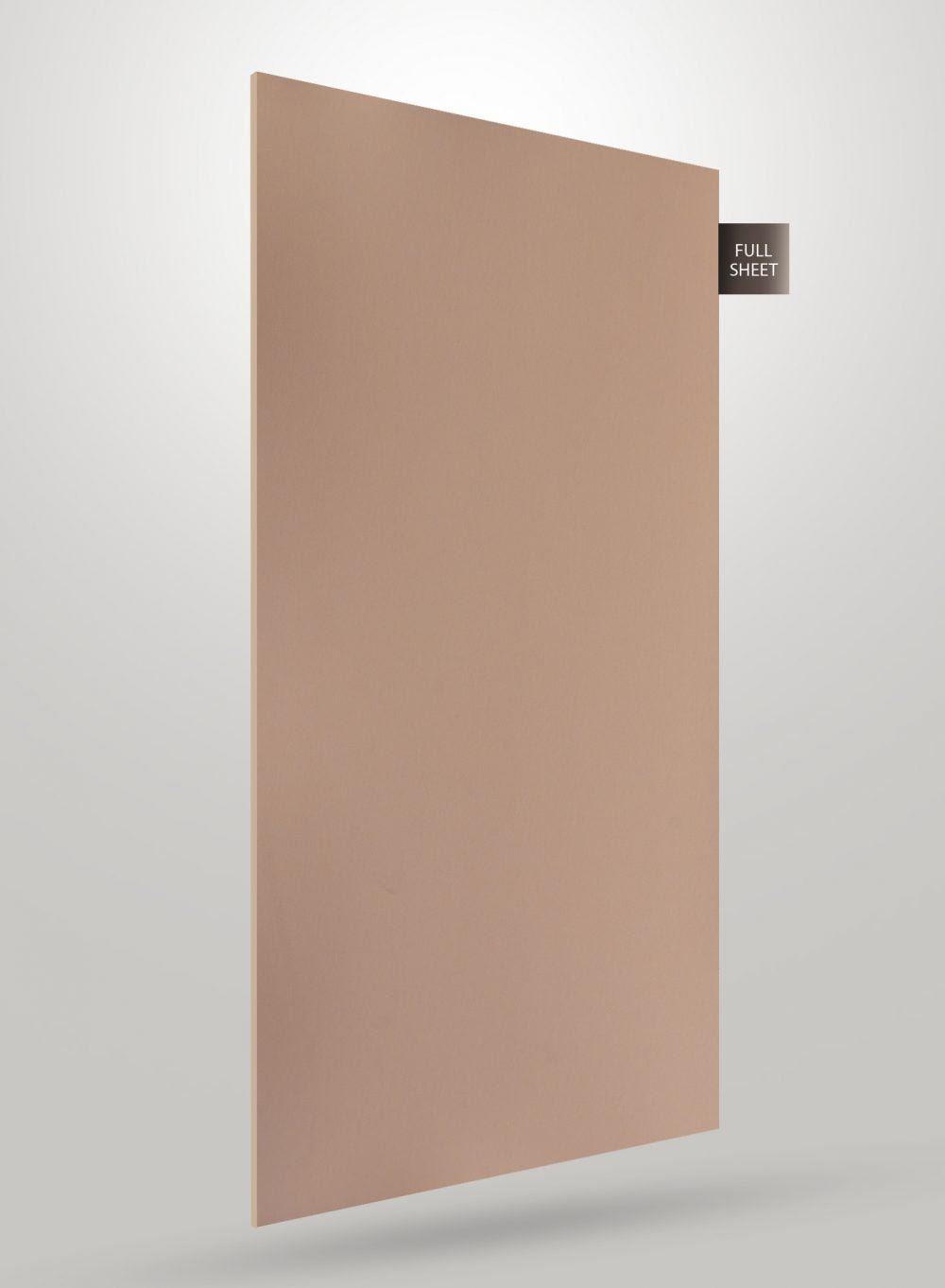 Beige leather laminate sheet with matte finish and smooth texture, shown as full sheet with visible edges and subtle shadow.
