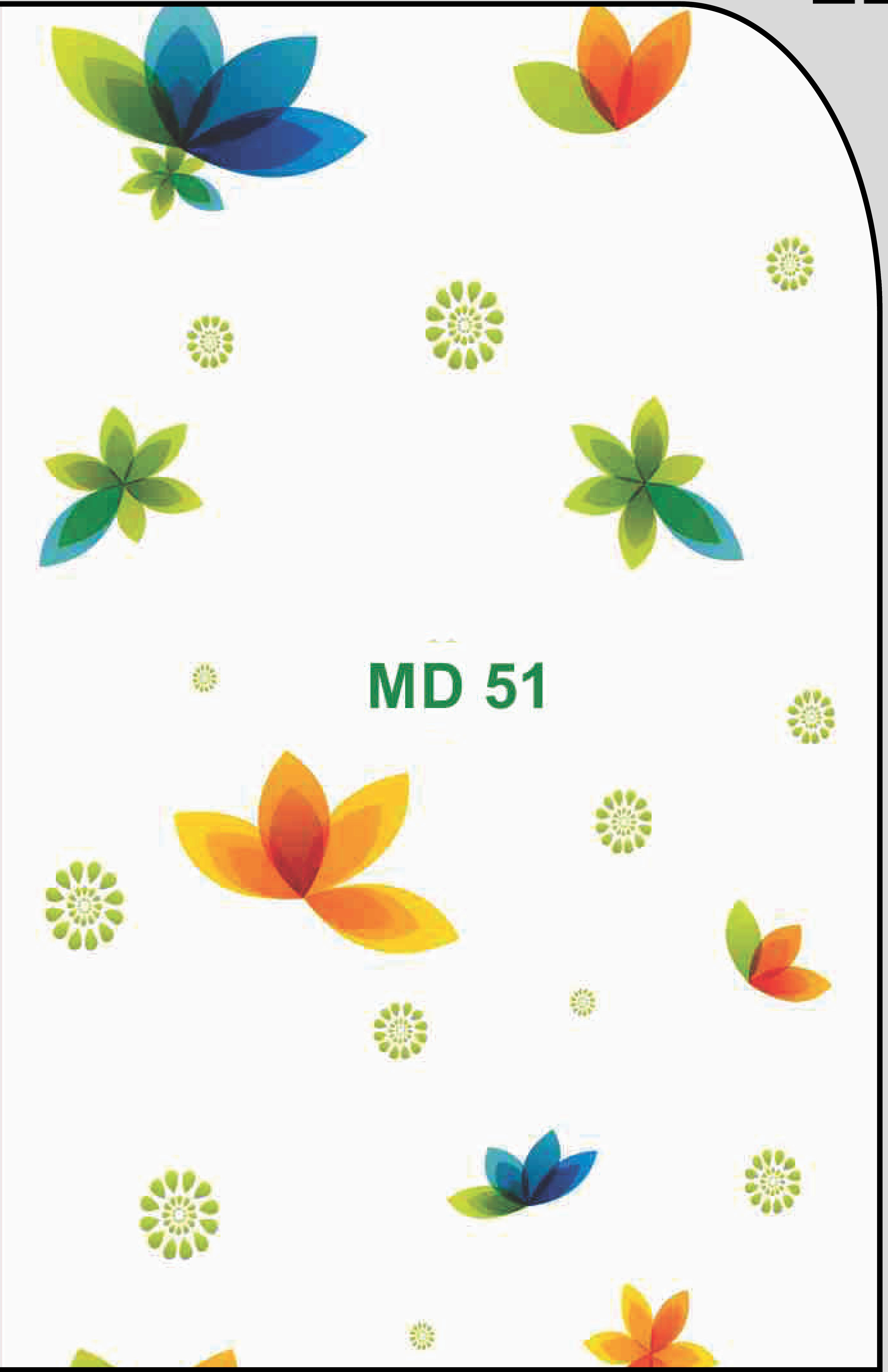 White laminate with colorful flower pattern and green text on a white background.