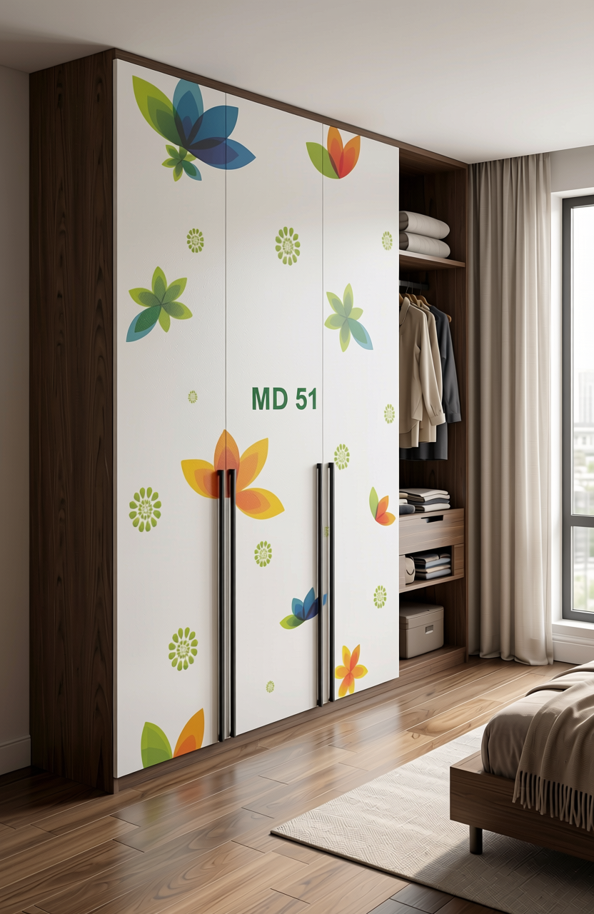 White laminate with colorful flower pattern and green text on a white background.
