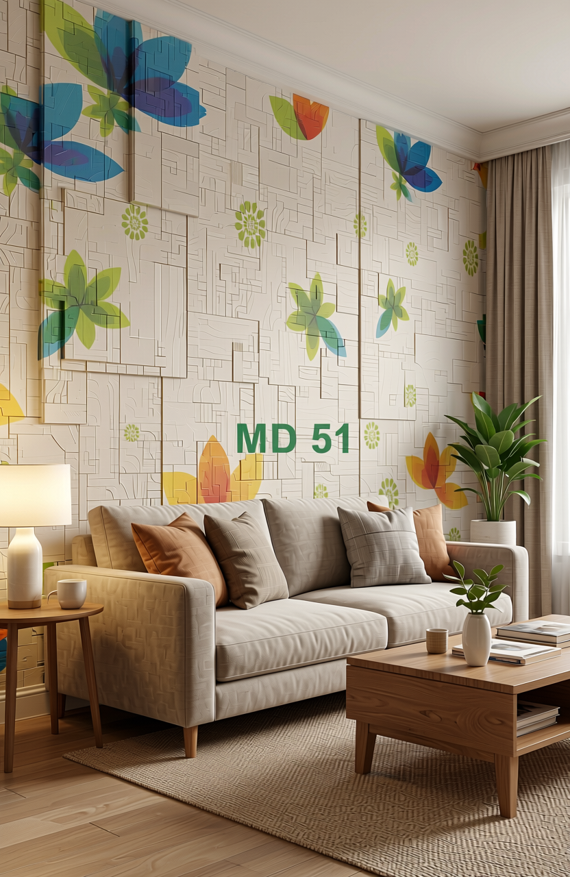 White laminate with colorful flower pattern and green text on a white background.