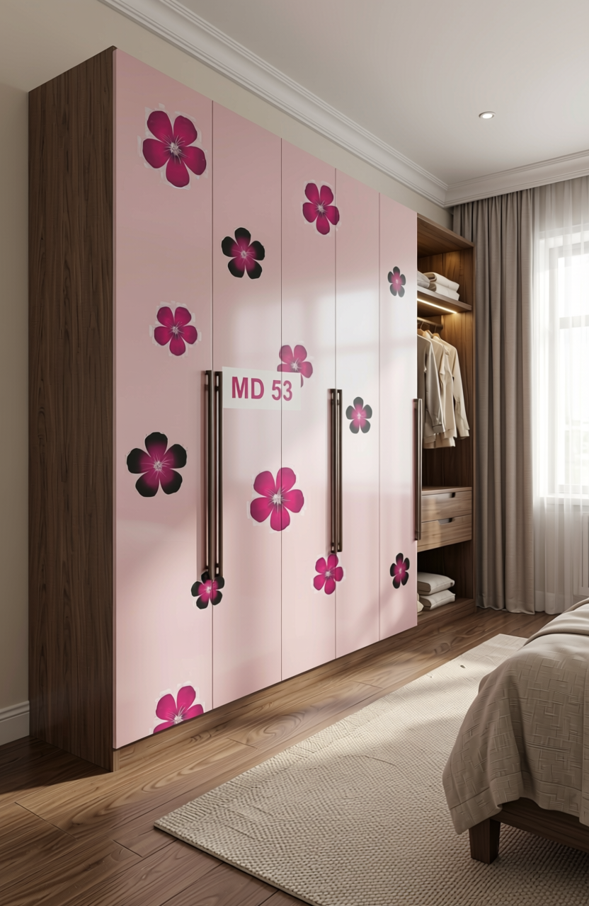 White laminate with pink and black floral pattern, glossy finish.