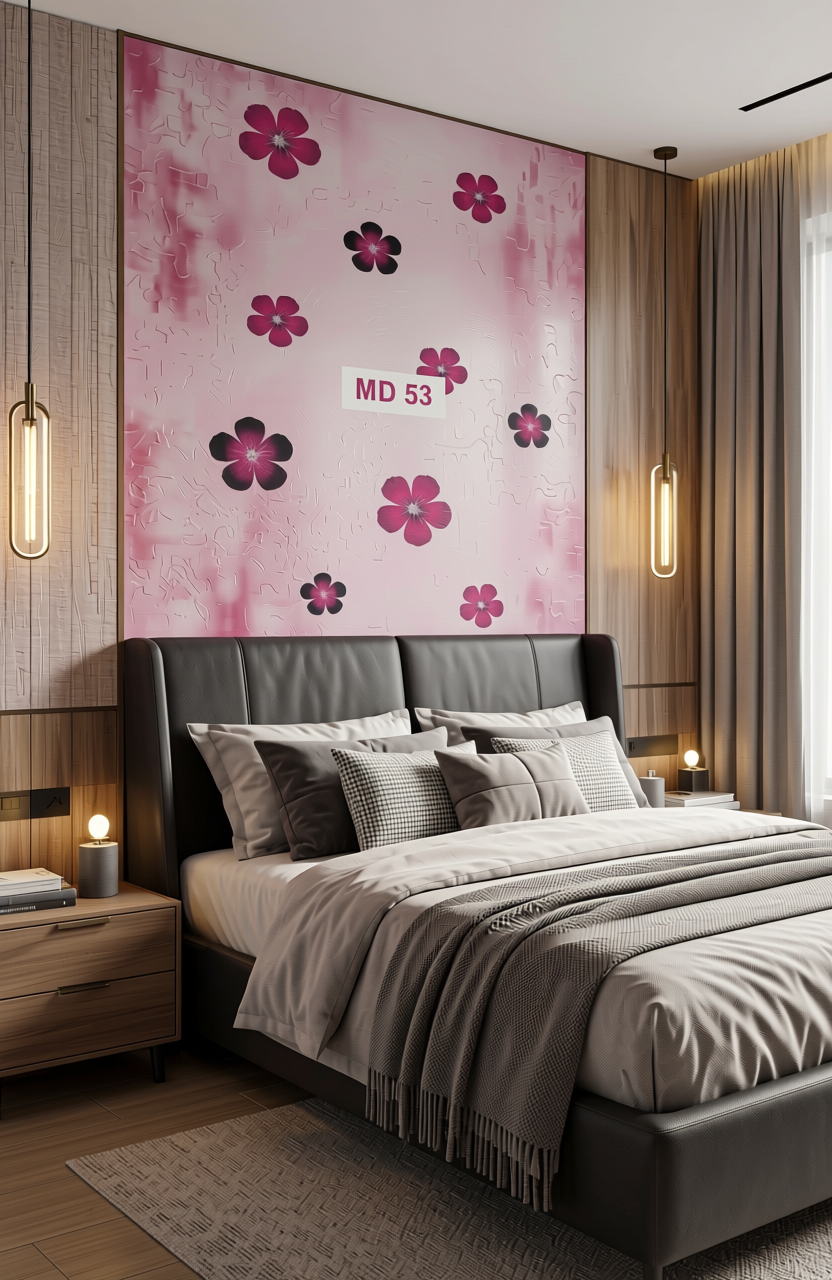 White laminate with pink and black floral pattern, glossy finish.