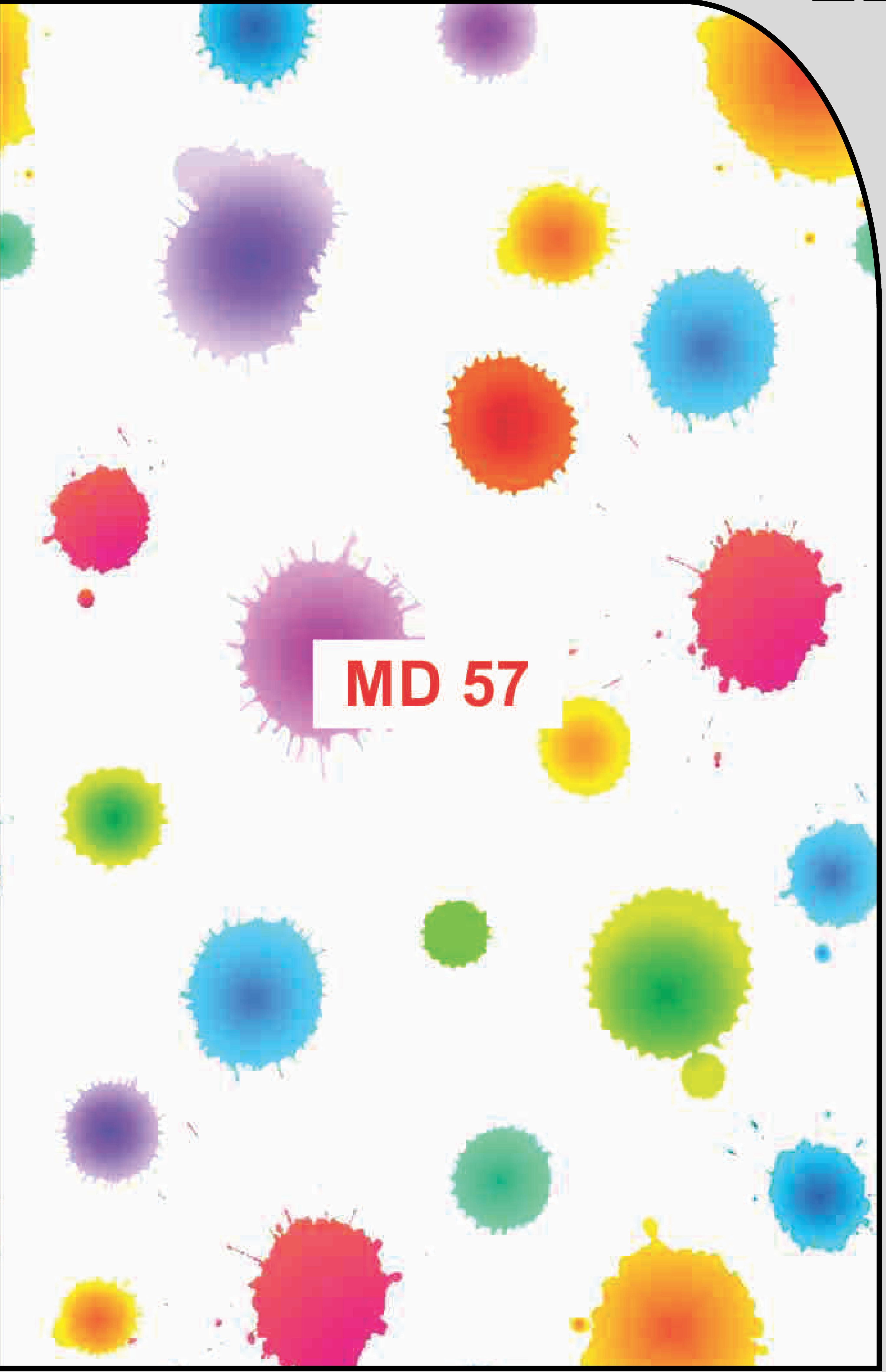 Multicolored paint splatter pattern on white laminate with textured finish.