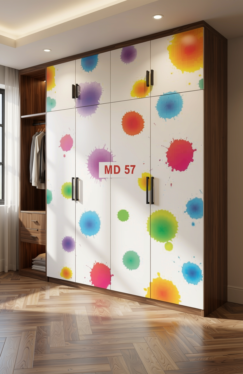 Multicolored paint splatter pattern on white laminate with textured finish.