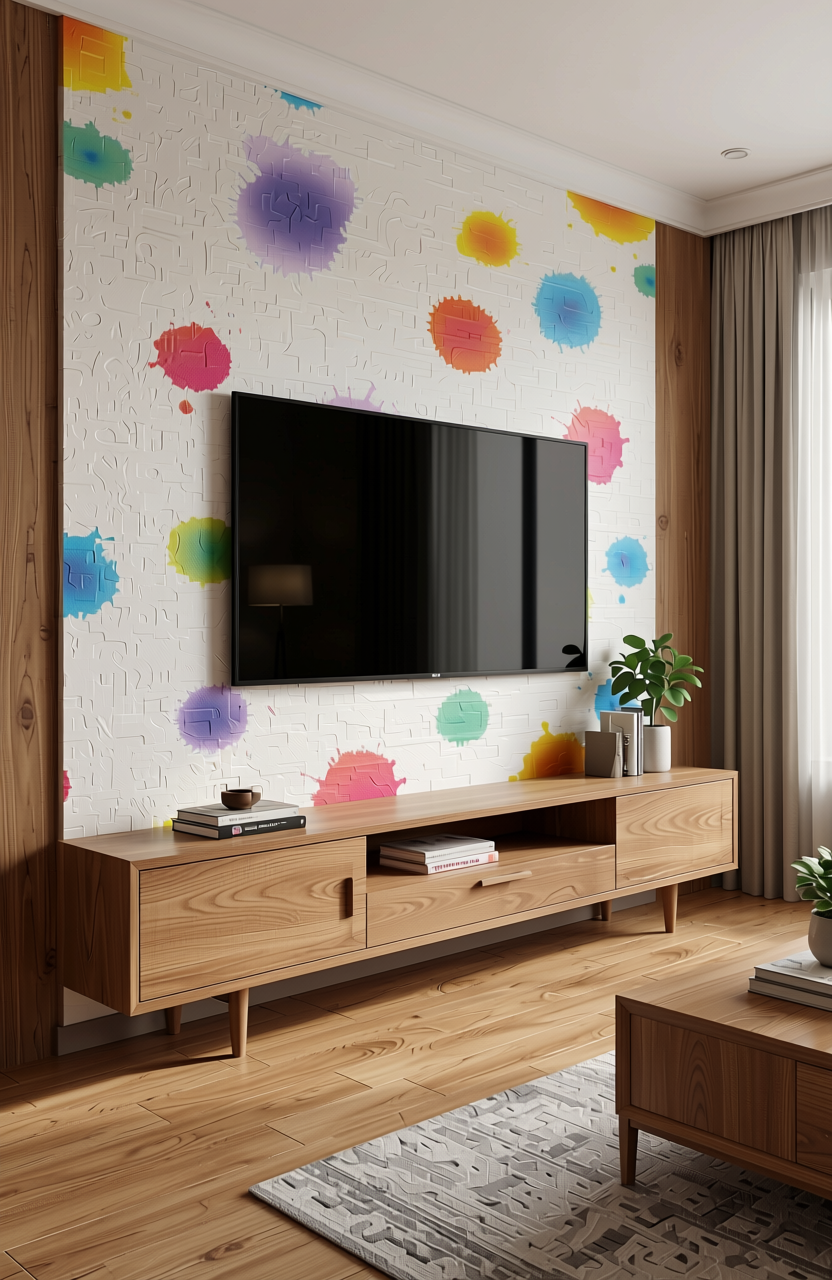 Multicolored paint splatter pattern on white laminate with textured finish.