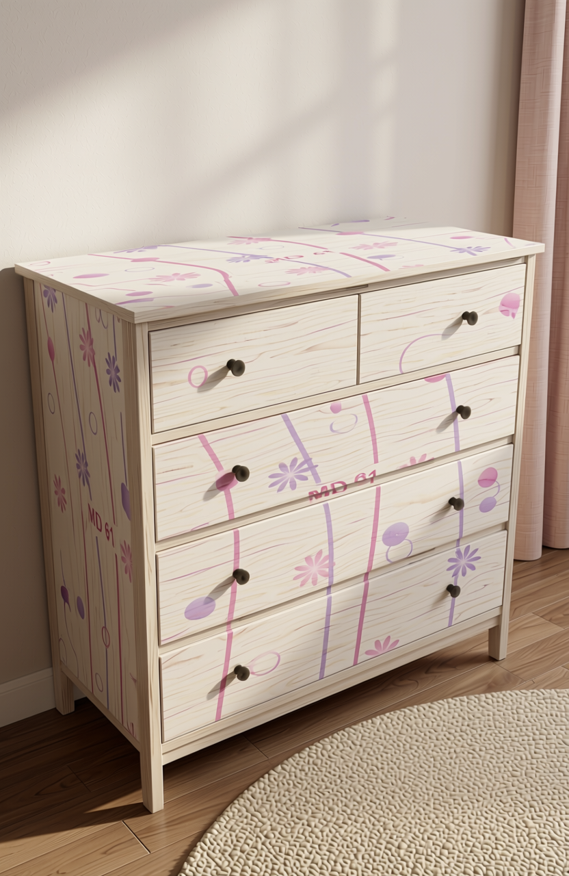 White laminate with pink and purple floral pattern and subtle texture.
