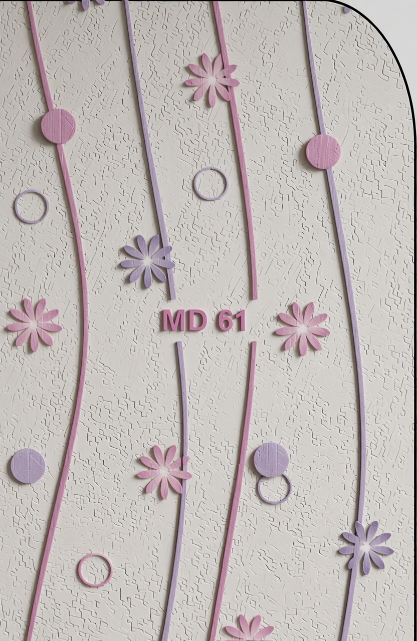 White laminate with pink and purple floral pattern and subtle texture.
