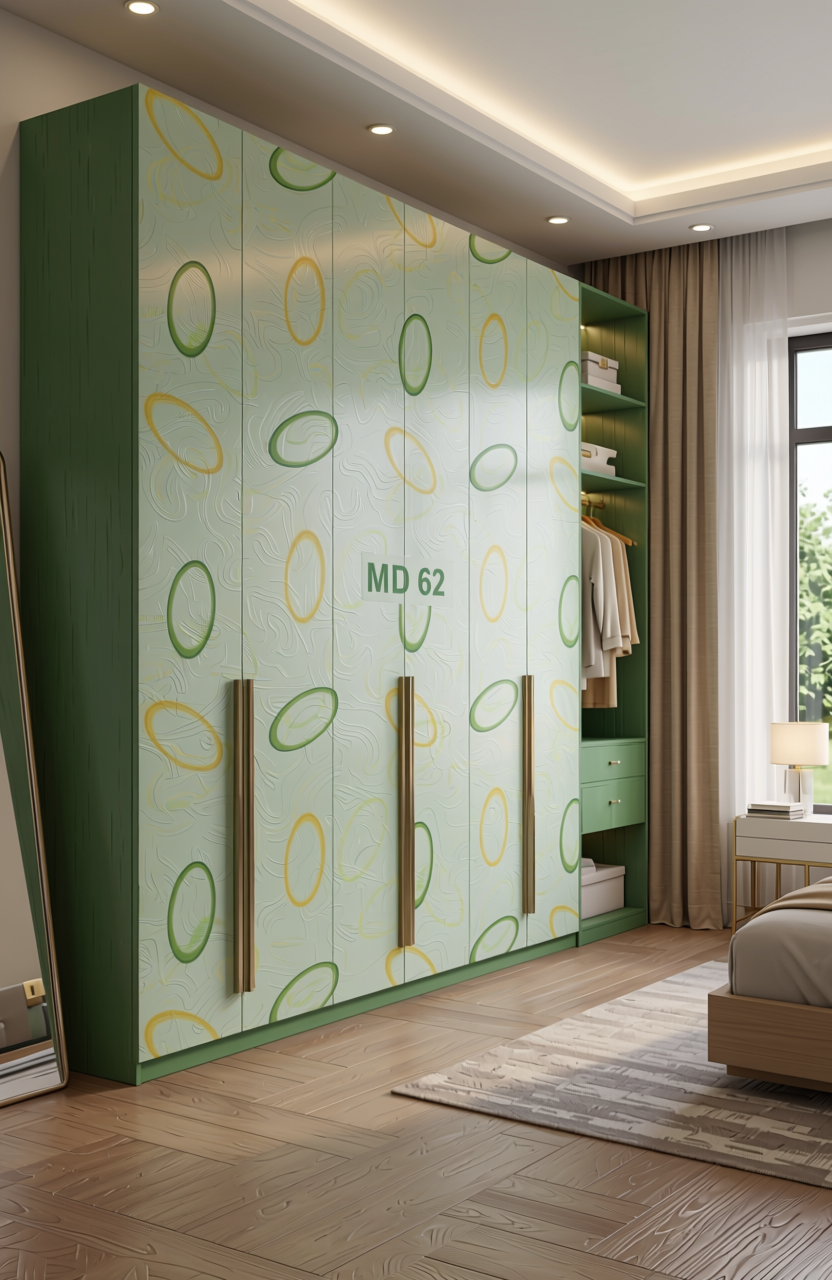 White laminate with green and yellow oval pattern, textured finish.