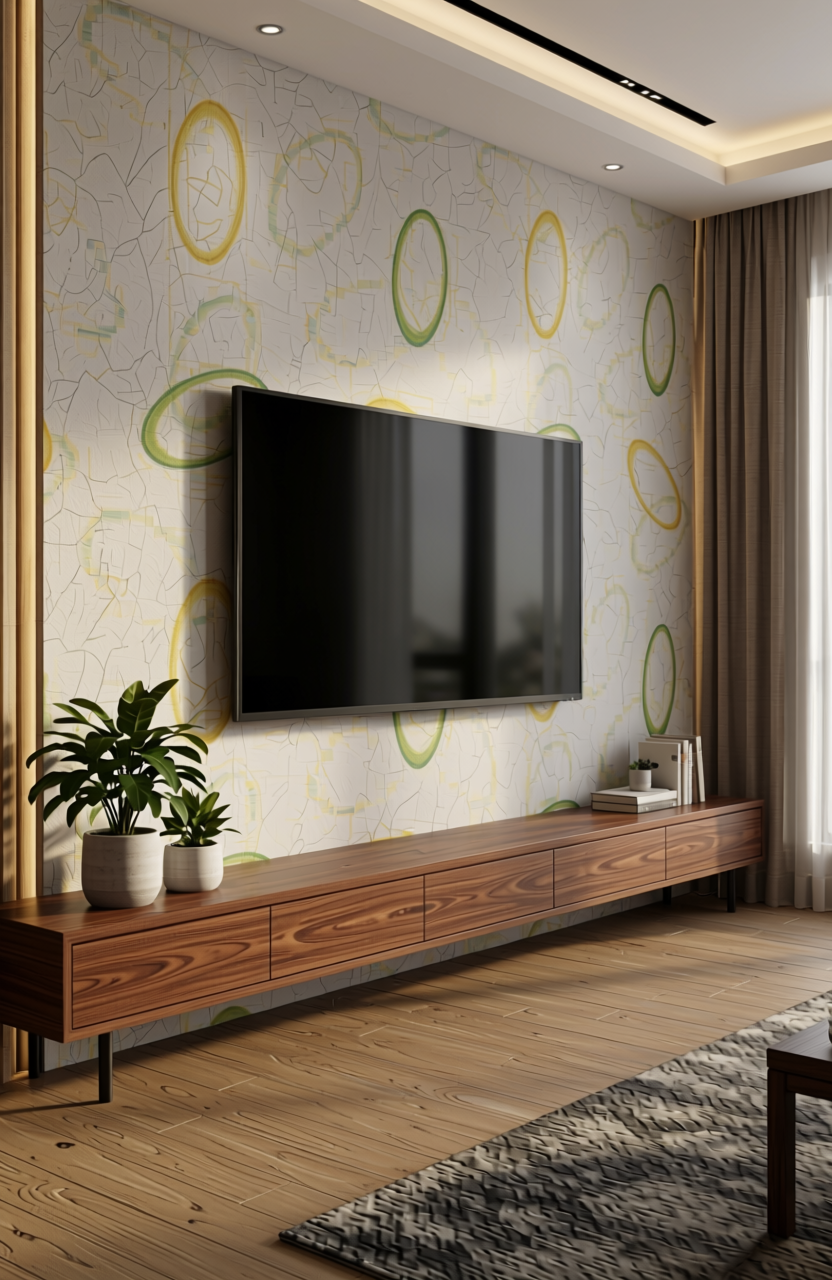 White laminate with green and yellow oval pattern, textured finish.