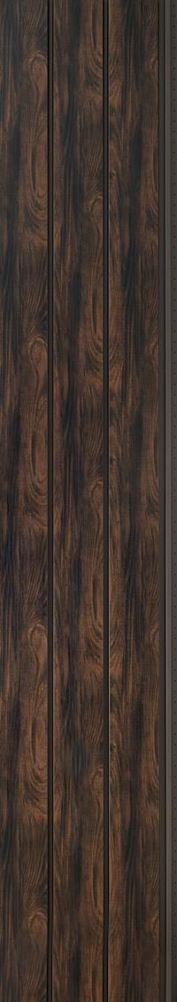 Brown wood grain louver panel with textured finish and dark brown swirling pattern on vertical slats