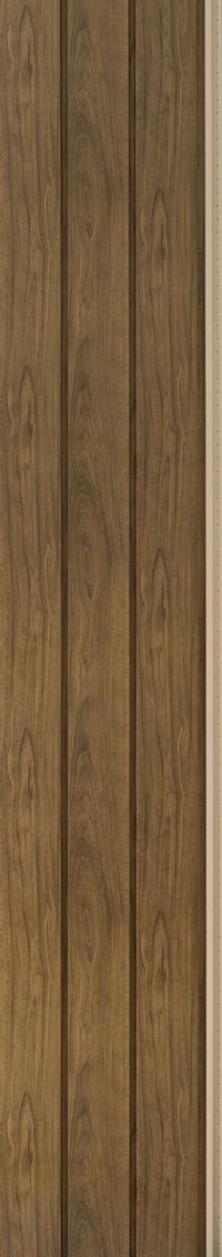 Brown wood grain wall panel with textured finish and vertical slats, showing natural wood pattern and grain details.