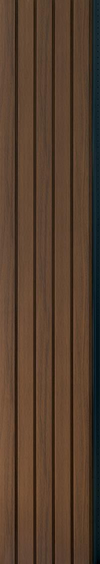Brown fluted wall panel with textured finish and wood grain pattern, showcasing vertical slats and dark edges