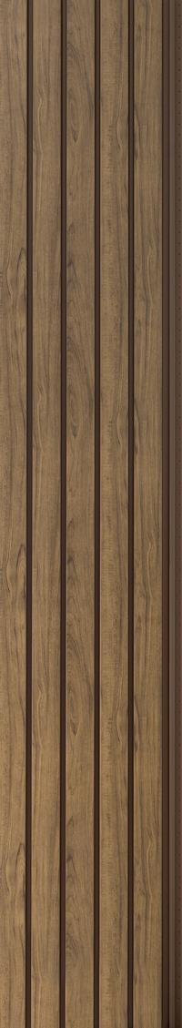 Brown wood grain wall panel with textured finish and vertical slats, showing natural wood pattern and slight sheen.