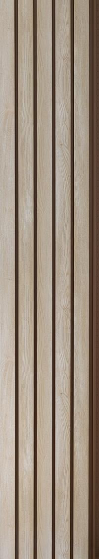 Wood tone louver panel with textured wood grain finish and vertical slats