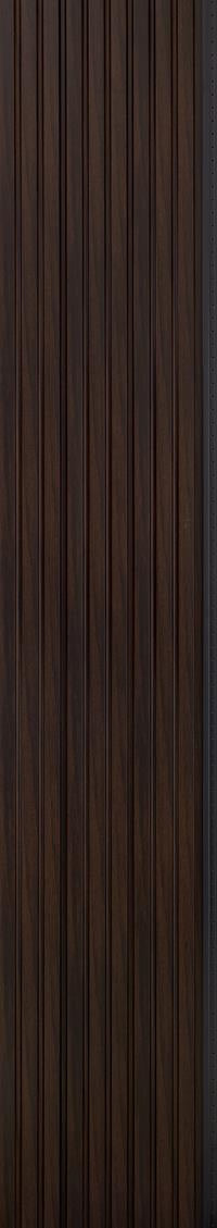 Brown fluted wall panel with textured finish and vertical grooves, showcasing a dark brown wood grain pattern and subtle