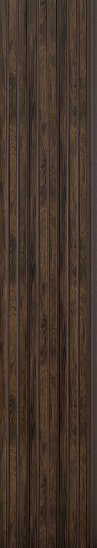 Brown wood grain wall panel with textured finish and vertical slats showing wood pattern and dark brown edges