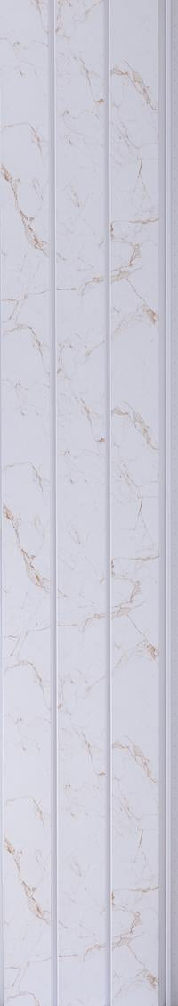 White marble wall panel with gold veining and textured finish, featuring vertical slats.