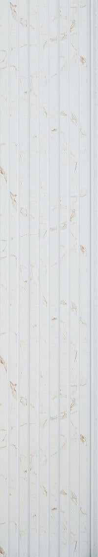 White fluted wall panel with textured finish and vertical ridges, displaying marble-like pattern with beige veining.