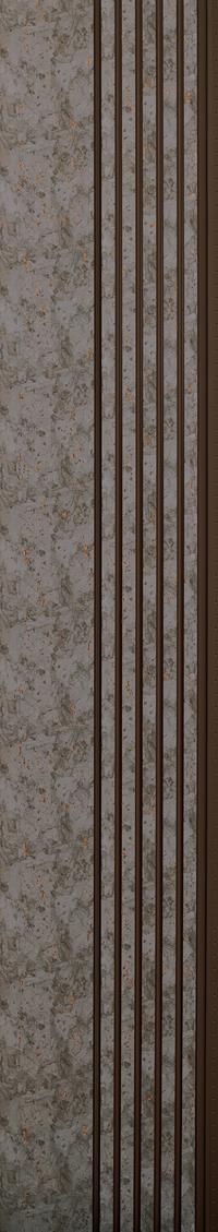 Grey fluted wall panel with textured finish and vertical grooves, showing speckled pattern and brown accents on edges.