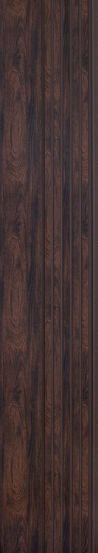 Brown wood grain wall panel with textured finish and vertical slats, showing wood pattern and texture.