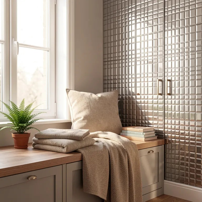 Silver high-gloss laminate with geometric pattern and shiny rectangular design elements.