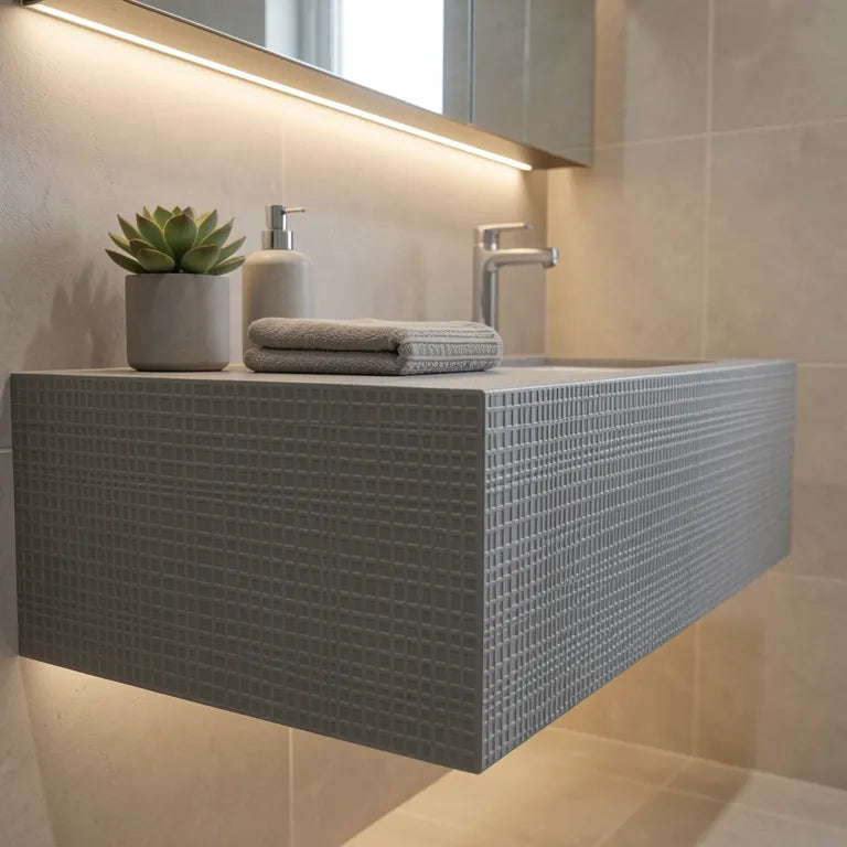 Grey laminate with a geometric pattern and textured, grid-like design.