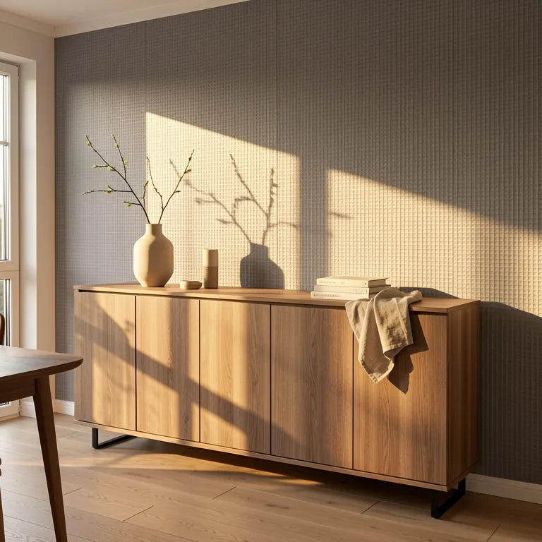 Grey laminate with a geometric pattern and textured, grid-like design.