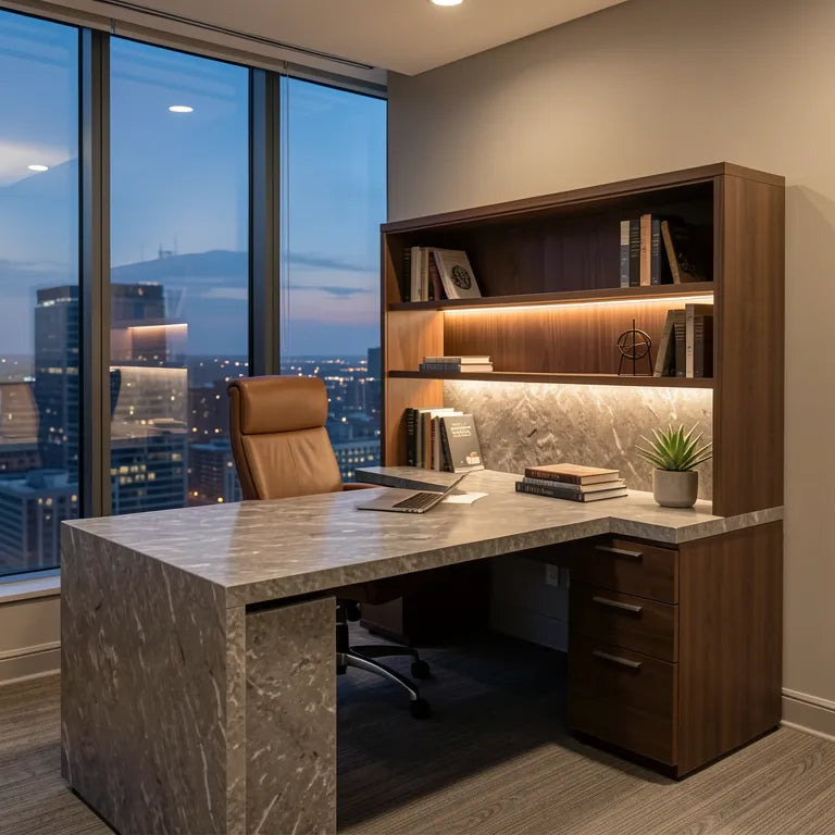 Grey textured laminate with marble-like appearance and rough, uneven surface finish.