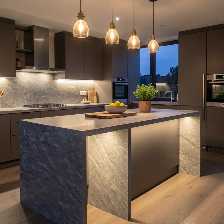 Grey textured laminate with marble-like appearance and rough, uneven surface finish.
