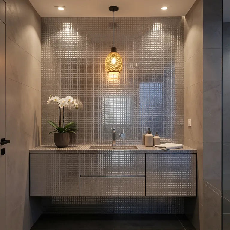 Silver laminate with high-gloss finish and geometric pattern of raised circular shapes.