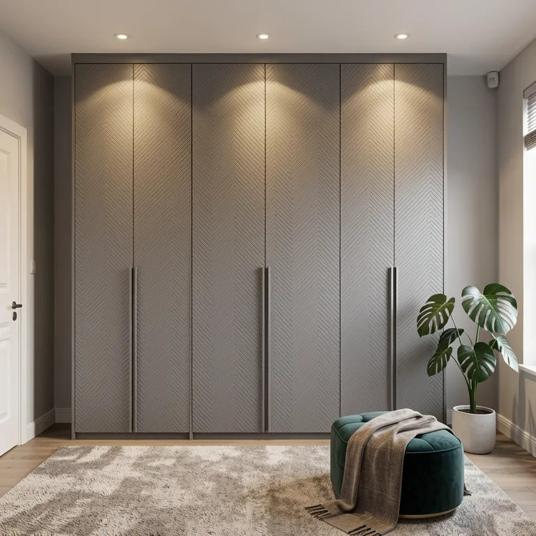 Grey matte laminate with a geometric grid pattern and uniform texture.
