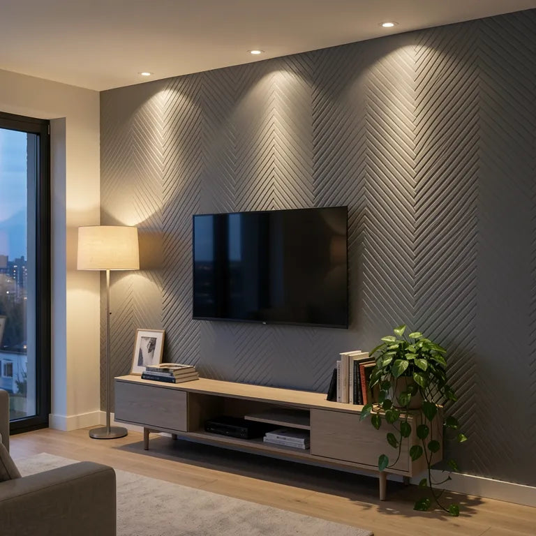 Grey matte laminate with a geometric grid pattern and uniform texture.