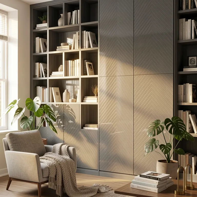 Grey laminate with glossy, chevron pattern and white accents.