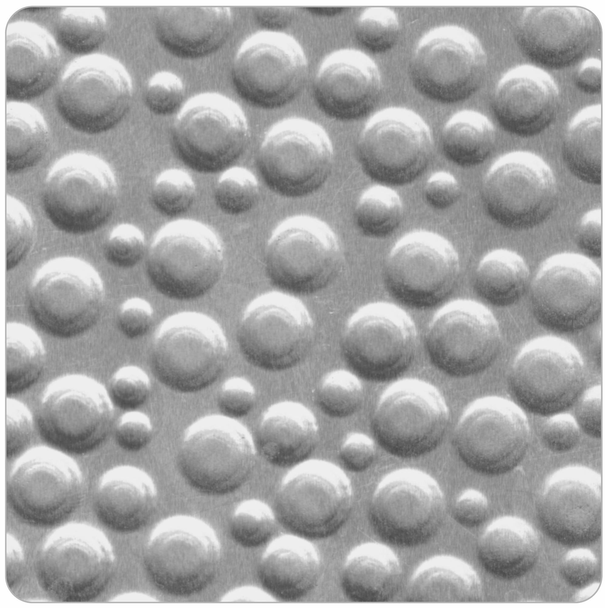 Silver laminate with high-gloss finish and geometric pattern of raised circular shapes.