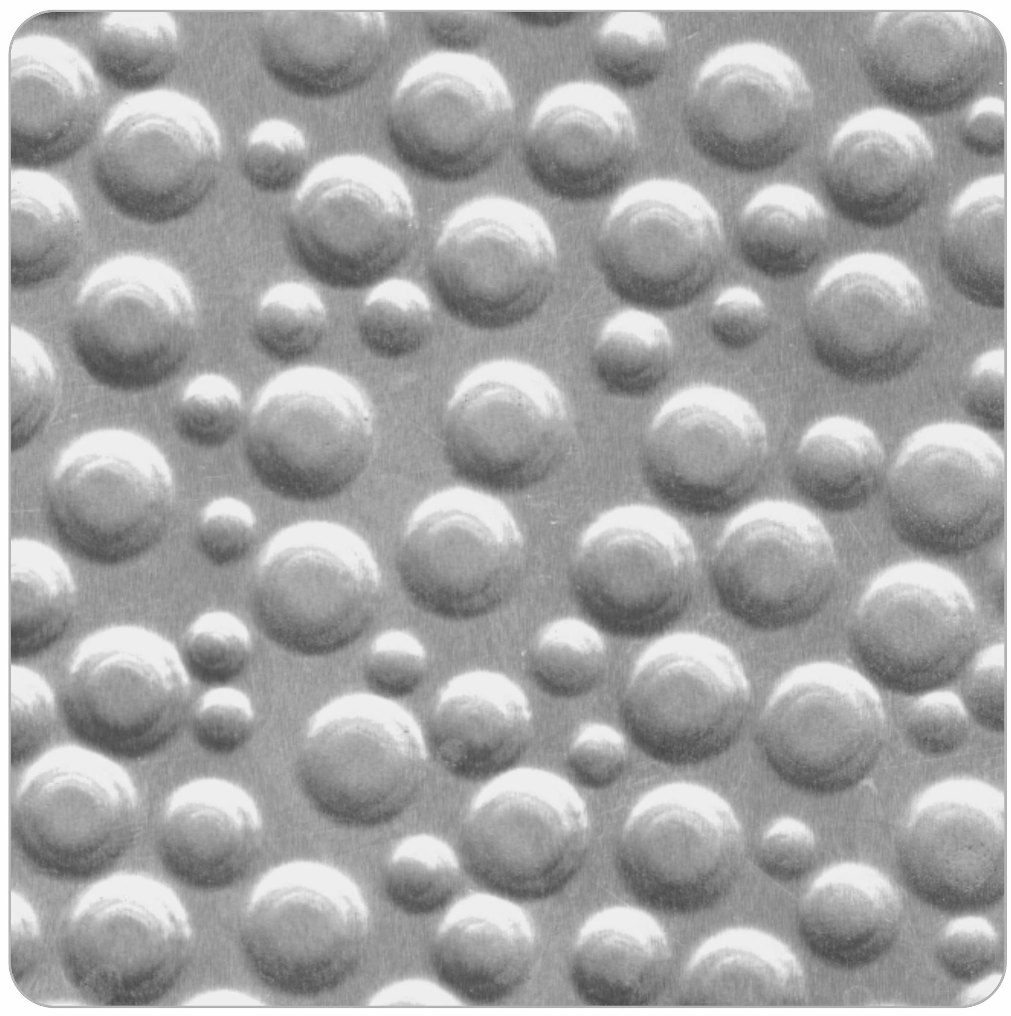Silver laminate with high-gloss finish and geometric pattern of raised circular shapes.
