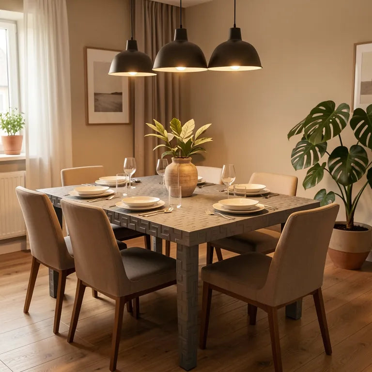 Grey laminate with geometric pattern and textured finish, featuring a grid design.