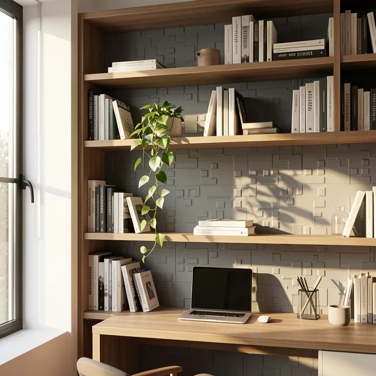 Grey laminate with geometric pattern and textured finish, featuring a grid design.