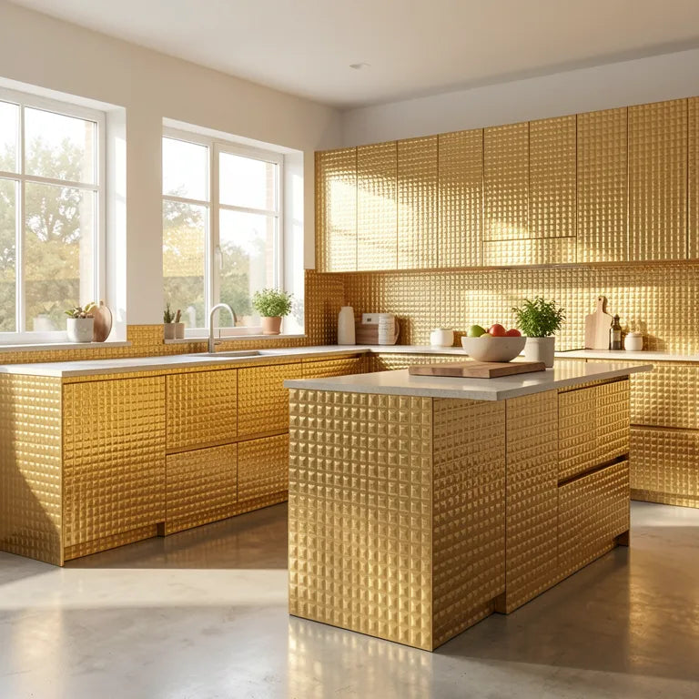 Gold laminate with high-gloss finish and geometric pattern of raised squares.
