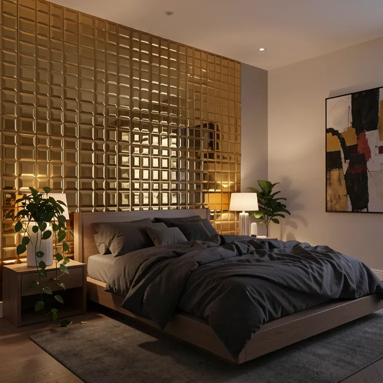 Gold laminate with high-gloss finish and geometric pattern of raised squares.