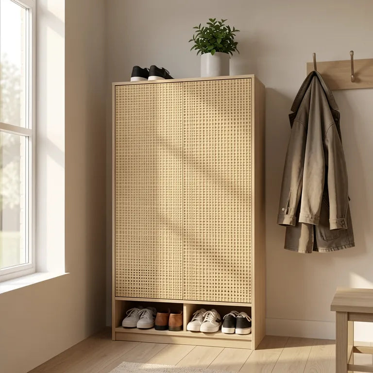 Beige textured laminate with a woven cane pattern and subtle grid texture.