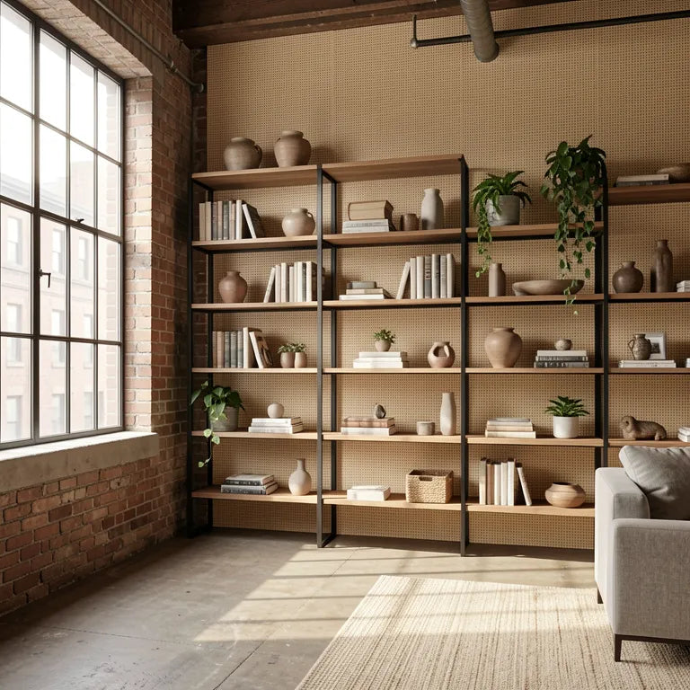 Beige textured laminate with a woven cane pattern and subtle grid texture.