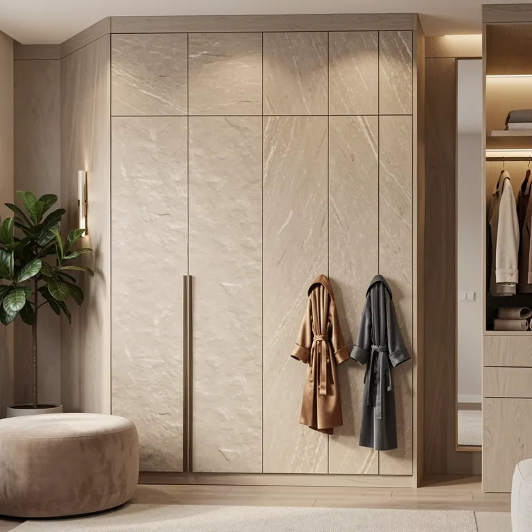Beige textured laminate with a rough, uneven marble-like surface and subtle sheen.