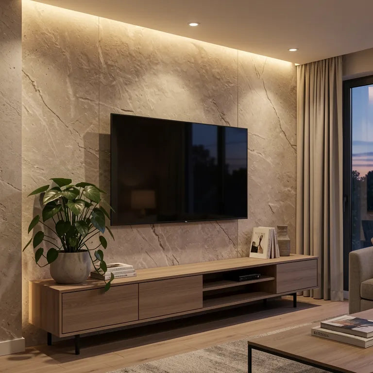 Beige textured laminate with a rough, uneven marble-like surface and subtle sheen.