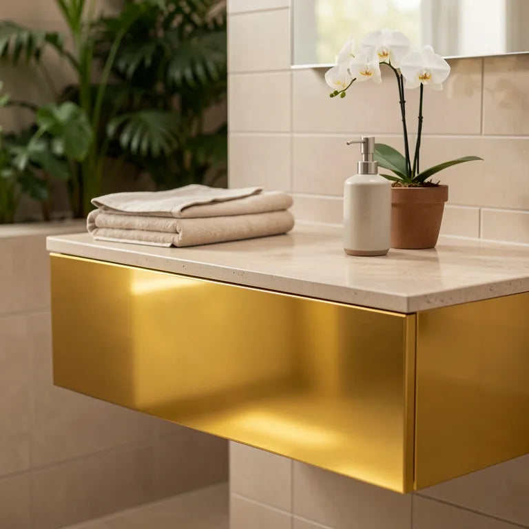 Gold metallic laminate with glossy finish and raised circular pattern.